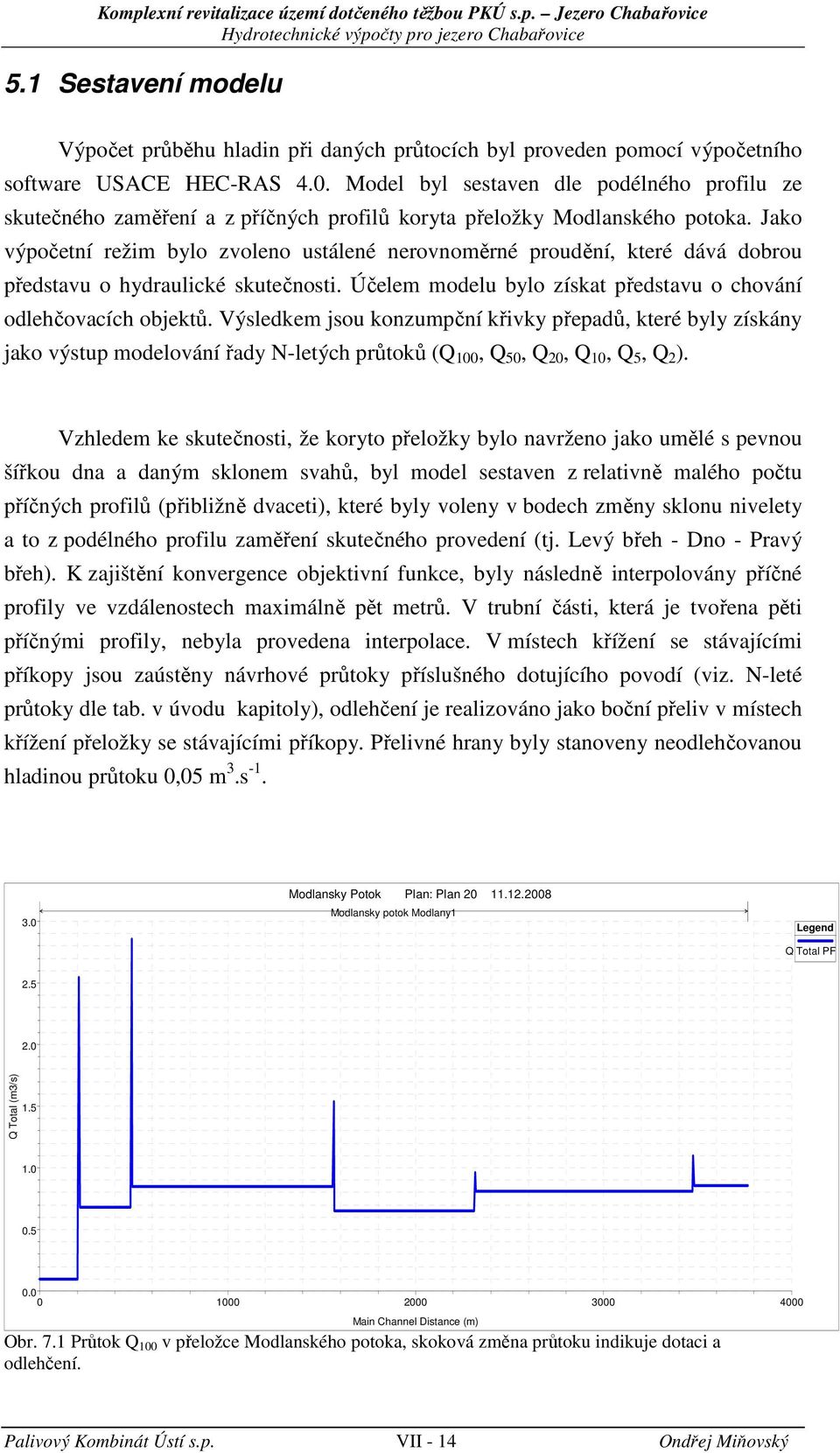 Model byl sestaven dle podélného profilu ze skutečného zaměření a z příčnýh profilů koryta přeložky Modlanského potoka.