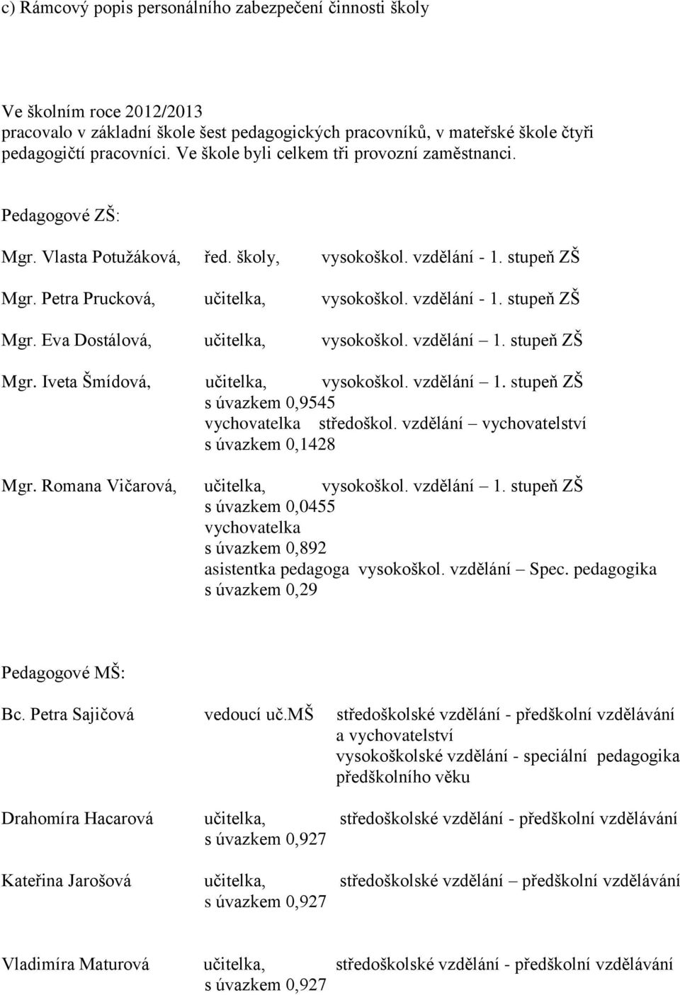 vzdělání 1. stupeň ZŠ Mgr. Iveta Šmídová, učitelka, vysokoškol. vzdělání 1. stupeň ZŠ s úvazkem 0,9545 vychovatelka středoškol. vzdělání vychovatelství s úvazkem 0,1428 Mgr.