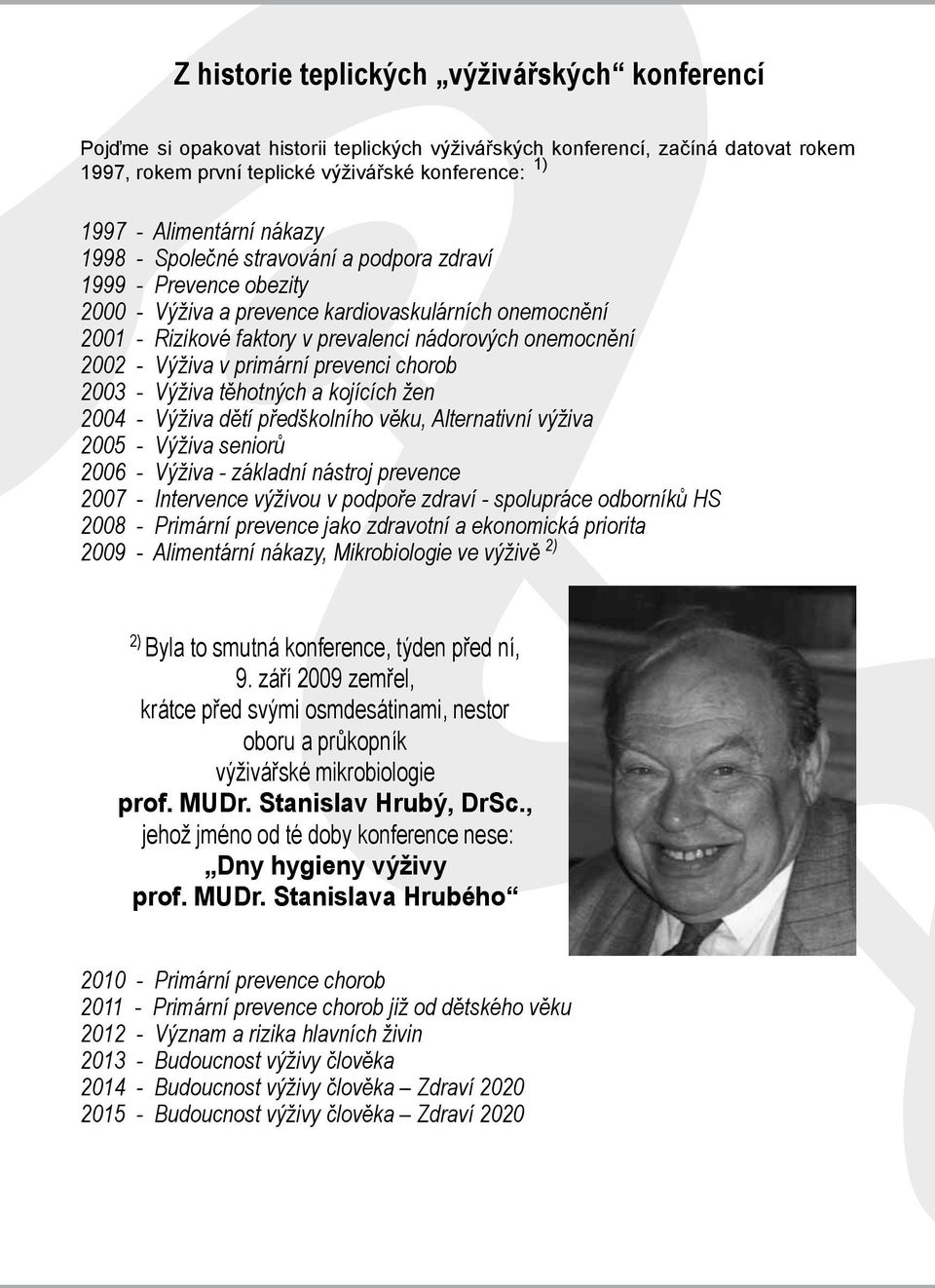 onemocnění 2002 - Výživa v primární prevenci chorob 2003 - Výživa těhotných a kojících žen 2004 - Výživa dětí předškolního věku, Alternativní výživa 2005 - Výživa seniorů 2006 - Výživa - základní