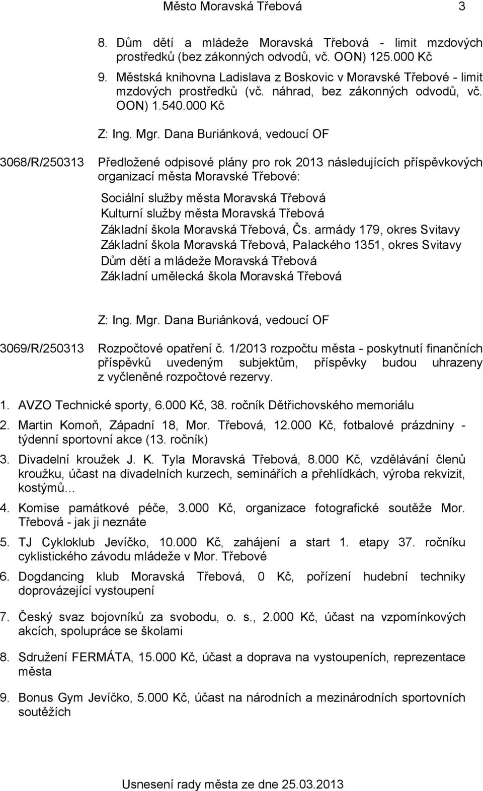 000 Kč 3068/R/250313 Předložené odpisové plány pro rok 2013 následujících příspěvkových organizací města Moravské Třebové: Sociální služby města Moravská Třebová Kulturní služby města Moravská