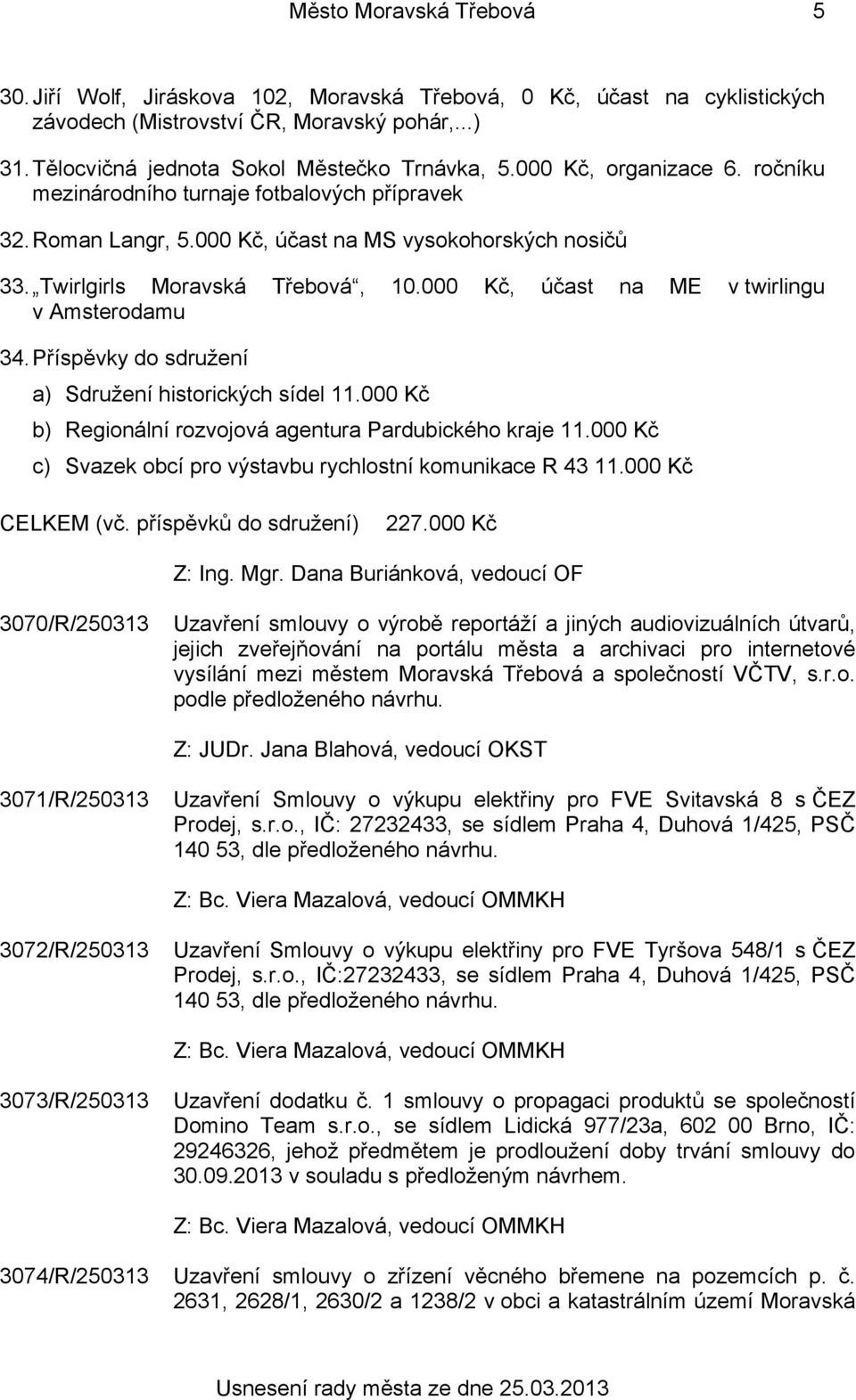 000 Kč, účast na ME v twirlingu v Amsterodamu 34.Příspěvky do sdružení a) Sdružení historických sídel 11.000 Kč b) Regionální rozvojová agentura Pardubického kraje 11.