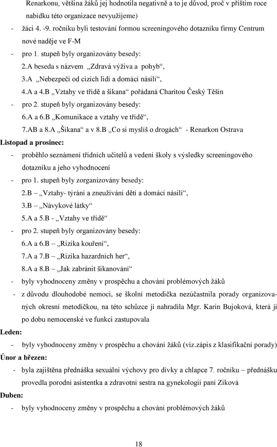 A Nebezpečí od cizích lidí a domácí násilí, 4.A a 4.B Vztahy ve třídě a šikana pořádaná Charitou Český Těšín - pro 2. stupeň byly organizovány besedy: 6.A a 6.B Komunikace a vztahy ve třídě, 7.AB a 8.