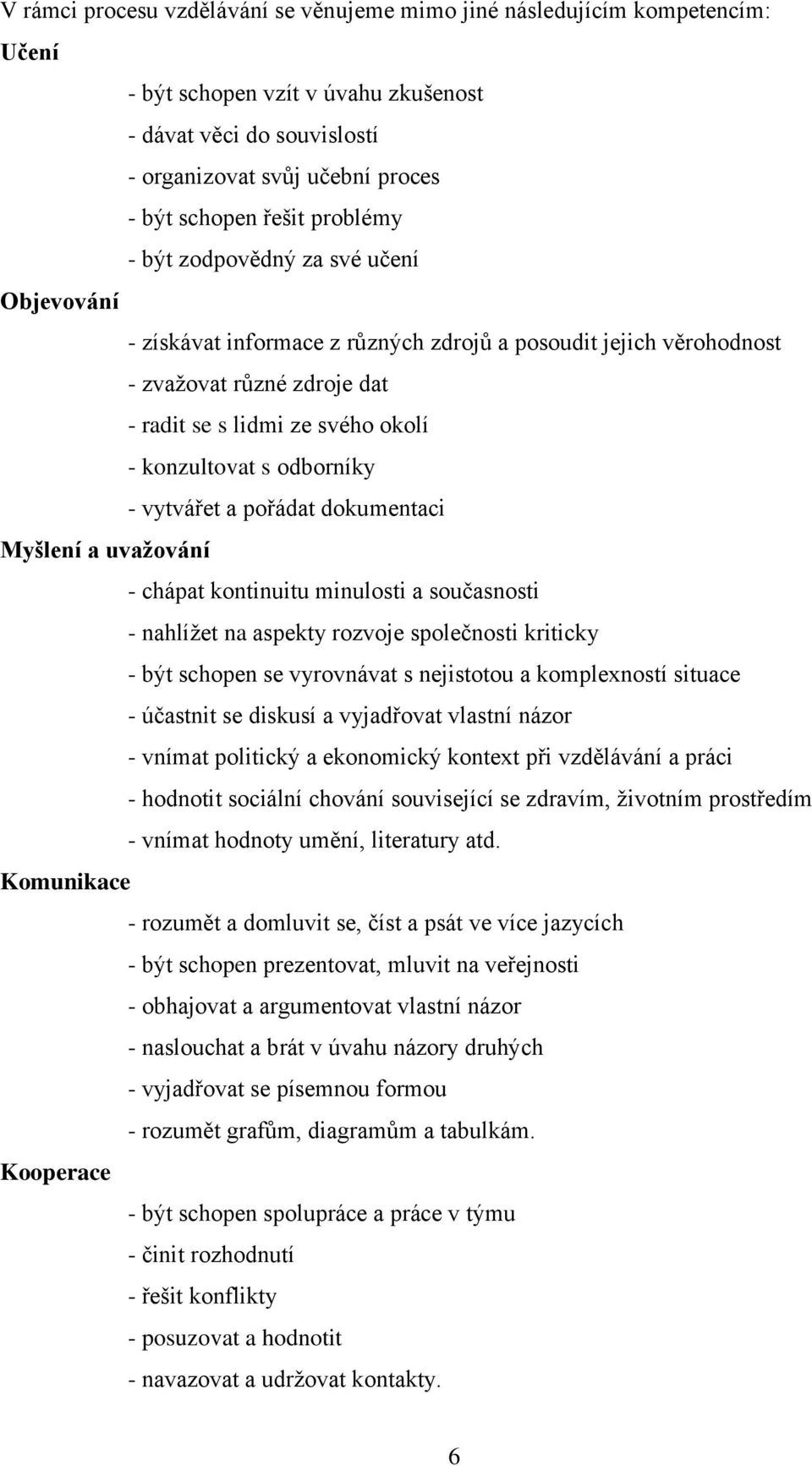 odborníky - vytvářet a pořádat dokumentaci Myšlení a uvažování - chápat kontinuitu minulosti a současnosti - nahlížet na aspekty rozvoje společnosti kriticky - být schopen se vyrovnávat s nejistotou