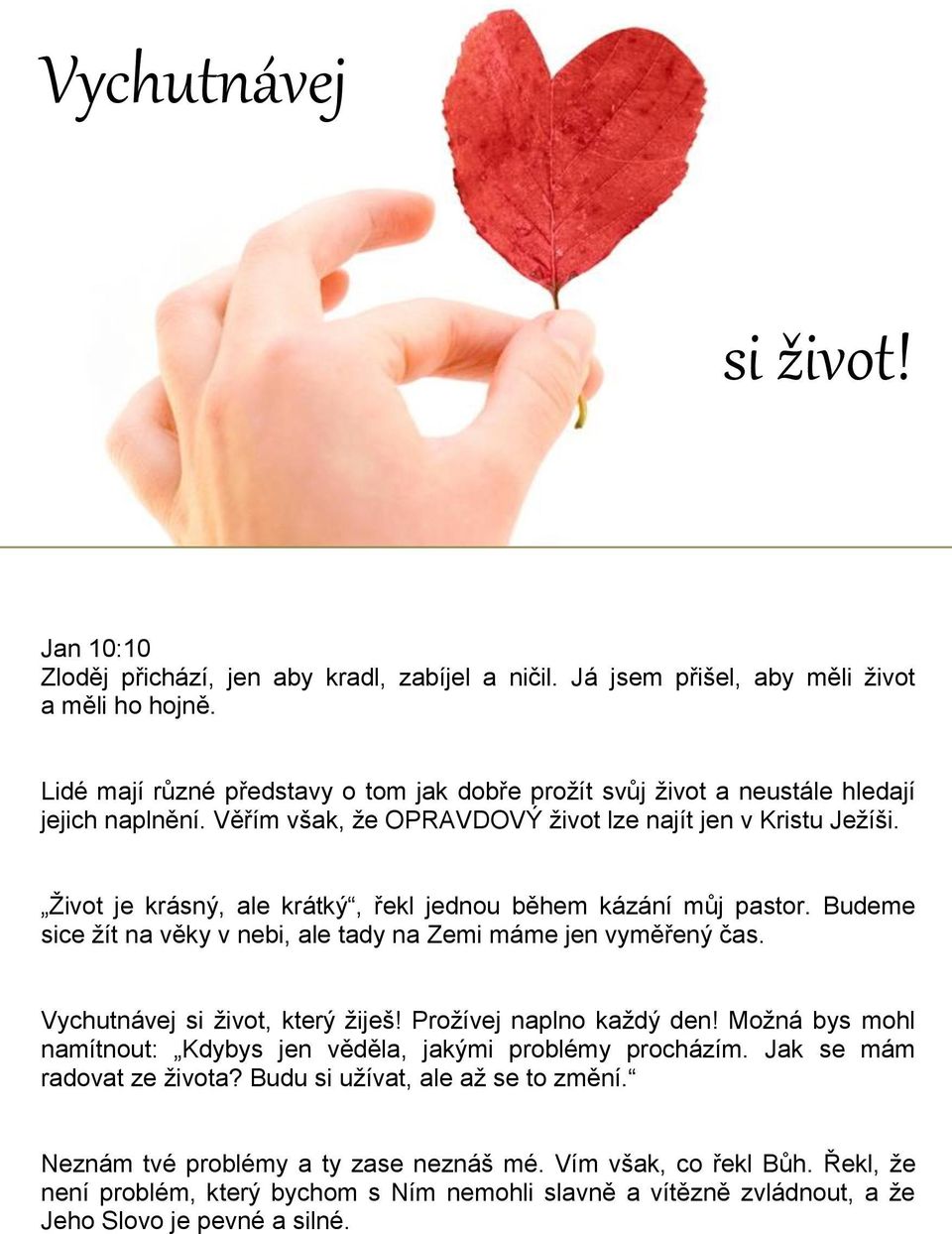 Život je krásný, ale krátký, řekl jednou během kázání můj pastor. Budeme sice žít na věky v nebi, ale tady na Zemi máme jen vyměřený čas. Vychutnávej si život, který žiješ! Prožívej naplno každý den!