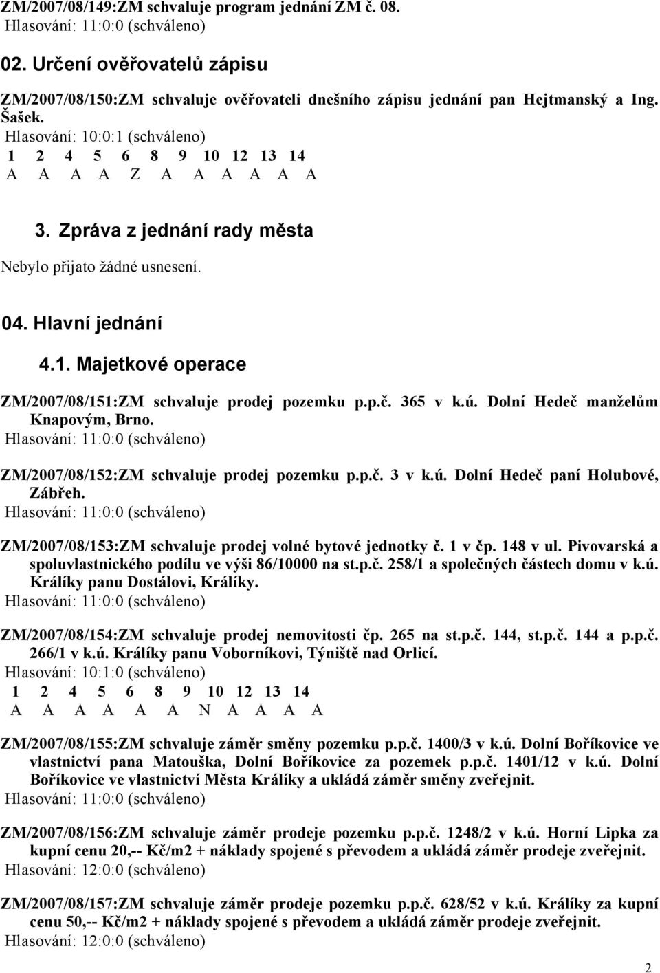 p.č. 365 v k.ú. Dolní Hedeč manželům Knapovým, Brno. ZM/2007/08/152:ZM schvaluje prodej pozemku p.p.č. 3 v k.ú. Dolní Hedeč paní Holubové, Zábřeh.