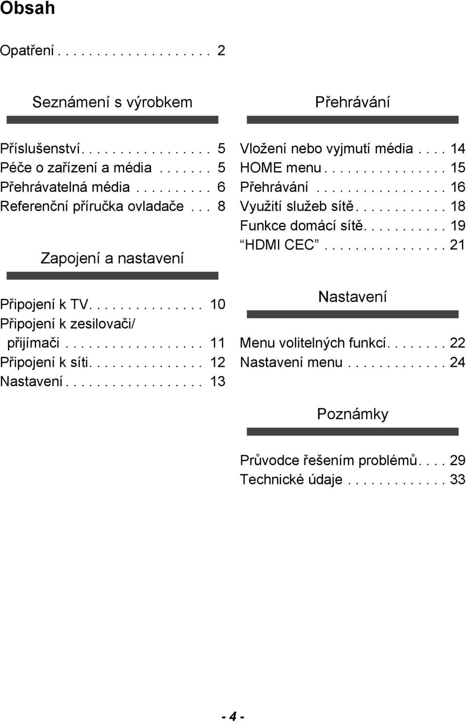 .............. 12 Nastavení.................. 13 Vložení nebo vyjmutí média.... 14 HOME menu................ 15 Přehrávání................. 16 Využití služeb sítě.