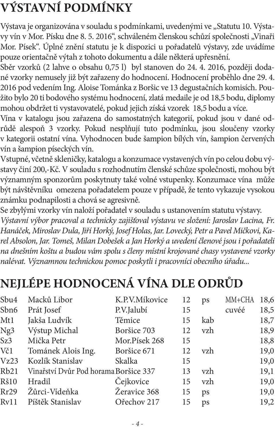 2016, později dodané vzorky nemusely již být zařazeny do hodnocení. Hodnocení proběhlo dne 29. 4. 2016 pod vedením Ing. Aloise Tománka z Boršic ve 13 degustačních komisích.