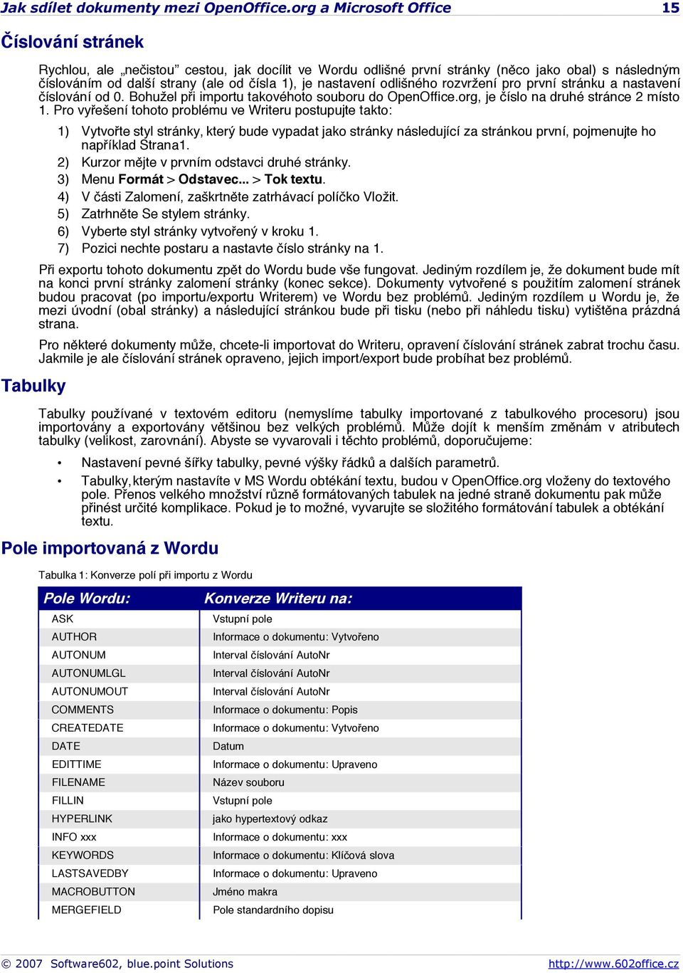 je nastavení odlišného rozvržení pro první stránku a nastavení číslování od 0. Bohužel při importu takovéhoto souboru do OpenOffice.org, je číslo na druhé stránce 2 místo 1.