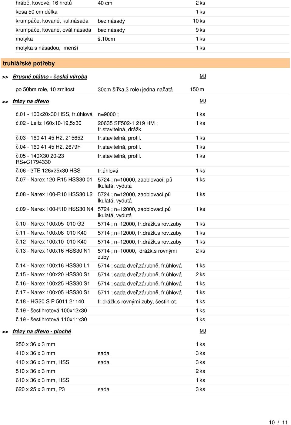 úhlová n=9000 ; č.02 - Leitz 160x10-19,5x30 20635 SF502-1 219 HM ; fr.stavitelná, drážk. č.03-160 41 45 H2, 215652 fr.stavitelná, profil. č.04-160 41 45 H2, 2679F fr.stavitelná, profil. č.05-140x30 20-23 RS+C1794330 fr.