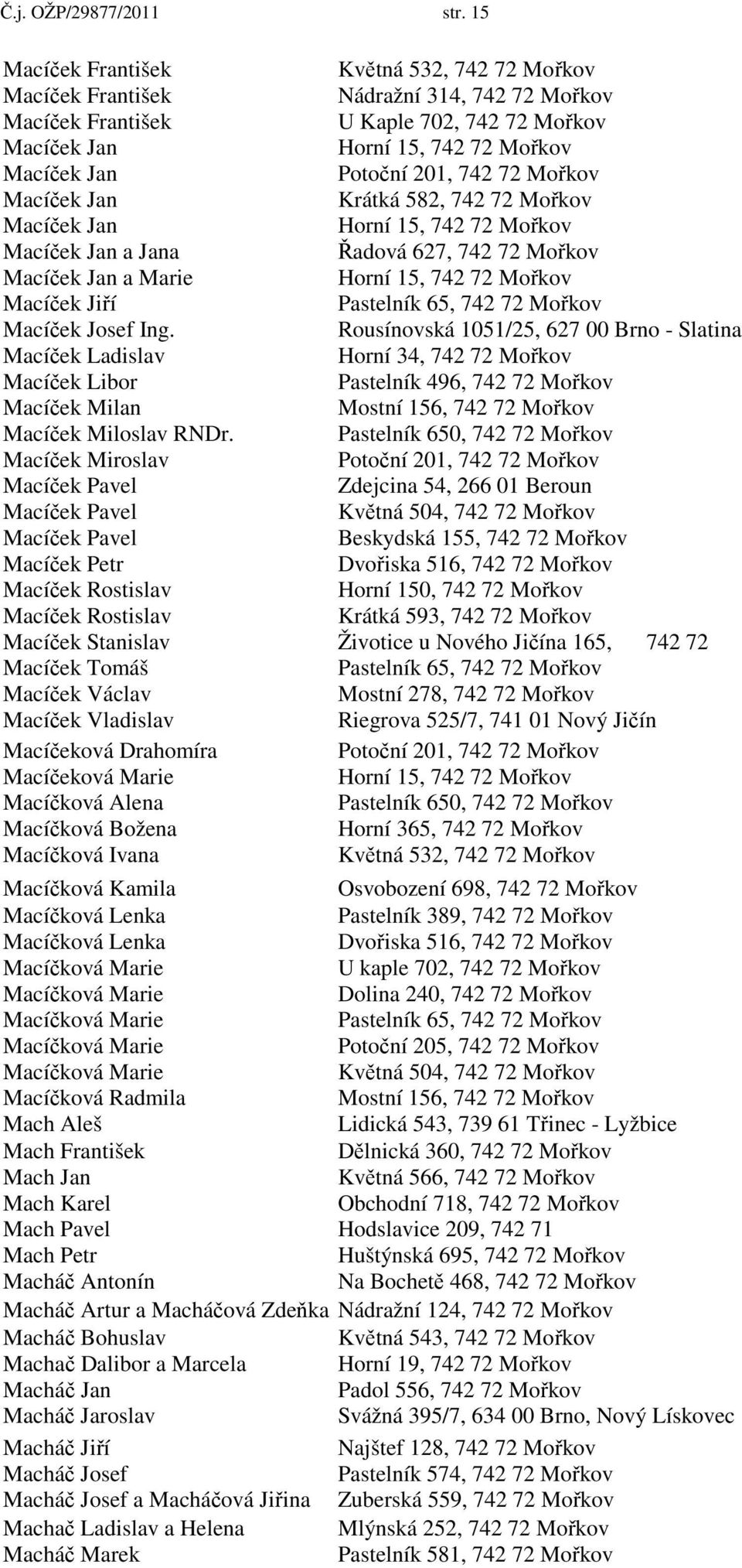 742 72 Mořkov Macíček Jan Krátká 582, 742 72 Mořkov Macíček Jan Horní 15, 742 72 Mořkov Macíček Jan a Jana Řadová 627, 742 72 Mořkov Macíček Jan a Marie Horní 15, 742 72 Mořkov Macíček Jiří Pastelník