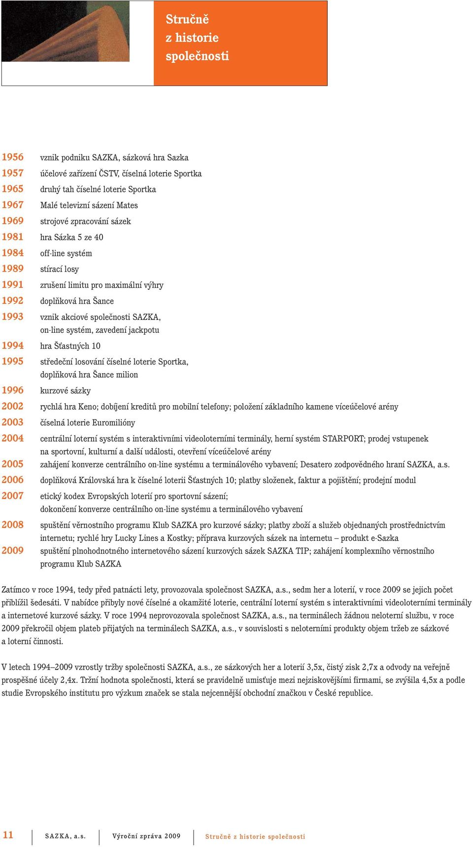 on-line systém, zavedení jackpotu 1994 hra Šťastných 10 1995 středeční losování číselné loterie Sportka, doplňková hra Šance milion 1996 kurzové sázky 2002 rychlá hra Keno; dobíjení kreditů pro