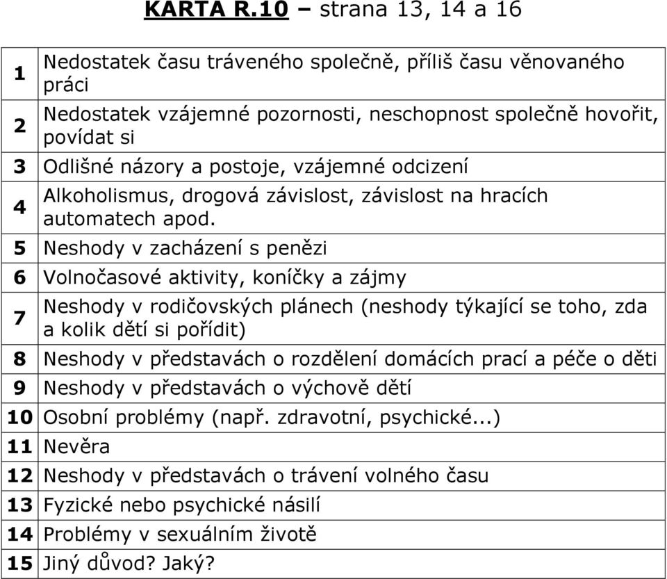 postoje, vzájemné odcizení 4 Alkoholismus, drogová závislost, závislost na hracích automatech apod.