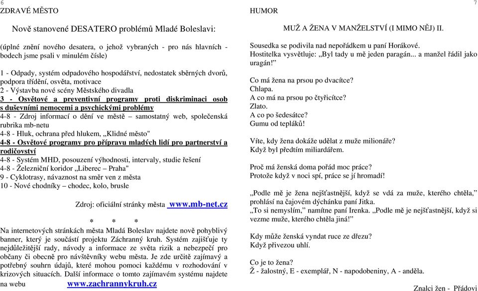 nemocemi a psychickými problémy 4-8 - Zdroj informací o dění ve městě samostatný web, společenská rubrika mb-netu 4-8 - Hluk, ochrana před hlukem, Klidné město" 4-8 - Osvětové programy pro přípravu