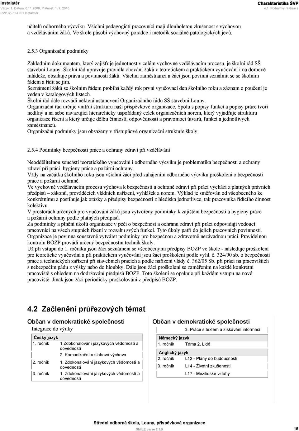 3 Organizační podmínky Základním dokumentem, který zajišťuje jednotnost v celém výchovně vzdělávacím procesu, je školní řád SŠ stavební Louny.