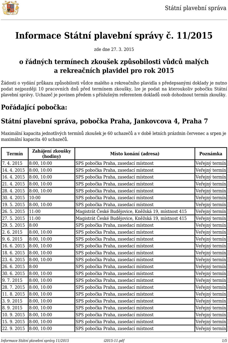 nutno podat nejpozději 10 pracovních dnů před termínem zkoušky, lze je podat na kteroukoliv pobočku Státní plavební správy.