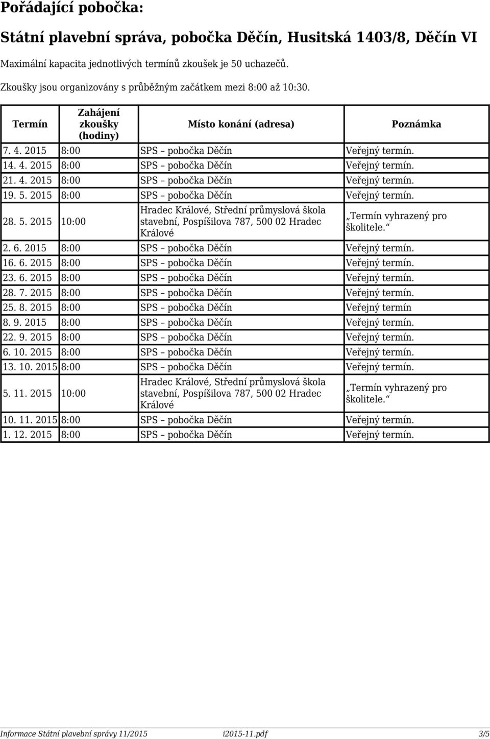 5. 2015 8:00 SPS pobočka Děčín Veřejný termín. 28. 5. 2015 10:00 Hradec Králové, Střední průmyslová škola stavební, Pospíšilova 787, 500 02 Hradec Králové Termín vyhrazený pro školitele. 2. 6.