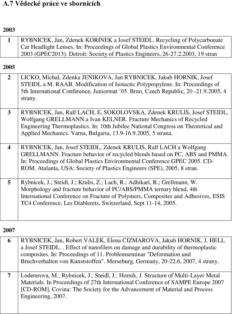 RAAB. Modification of Isotactic Polypropylene. In: Proceedings of 5th International Conference, Juniormat 05. Brno, Czech Republic, 20.-21.9.2005, 4 strany. 3 RYBNICEK, Jan, Ralf LACH, E.