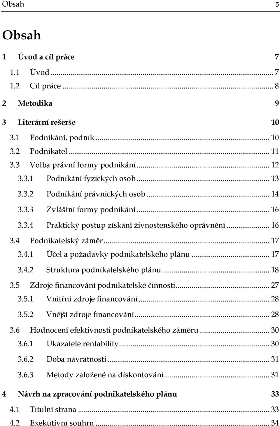 .. 17 3.4.2 Struktura podnikatelského plánu... 18 3.5 Zdroje financování podnikatelské činnosti... 27 3.5.1 Vnitřní zdroje financování... 28 3.5.2 Vnější zdroje financování... 28 3.6 Hodnocení efektivnosti podnikatelského záměru.