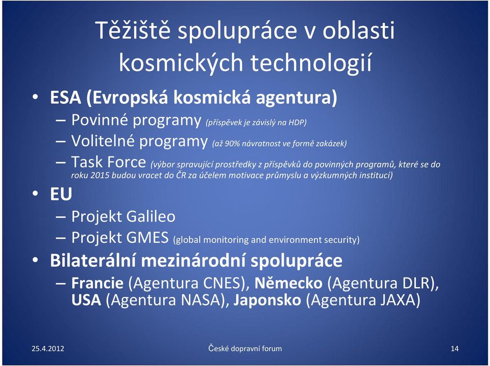 vracet do ČR za účelem motivace průmyslu a výzkumných institucí) EU Projekt Galileo Projekt GMES (global monitoring and environment security)