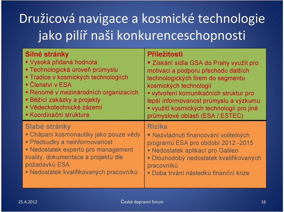 expertů pro management kvality, dokumentace a projektů dle požadavků ESA Nedostatek kvalifikovaných pracovníků Příležitosti Získání sídla GSA do Prahy využít pro motivaci a podporu přechodu dalších