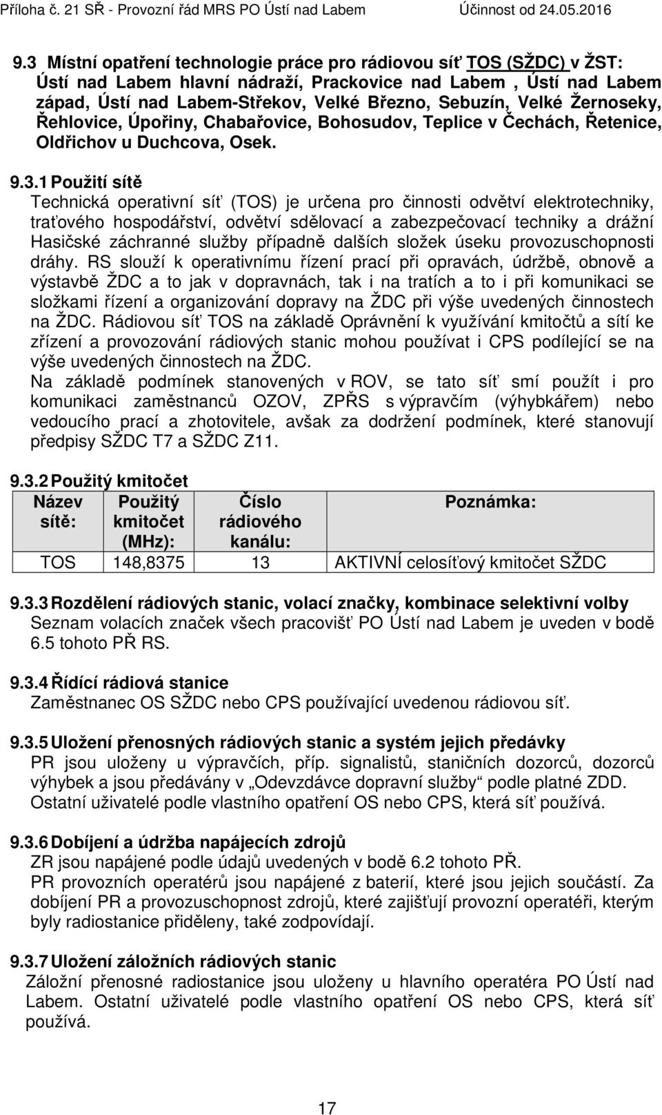 1 Použití sítě Technická operativní síť (TOS) je určena pro činnosti odvětví elektrotechniky, traťového hospodářství, odvětví sdělovací a zabezpečovací techniky a drážní Hasičské záchranné služby