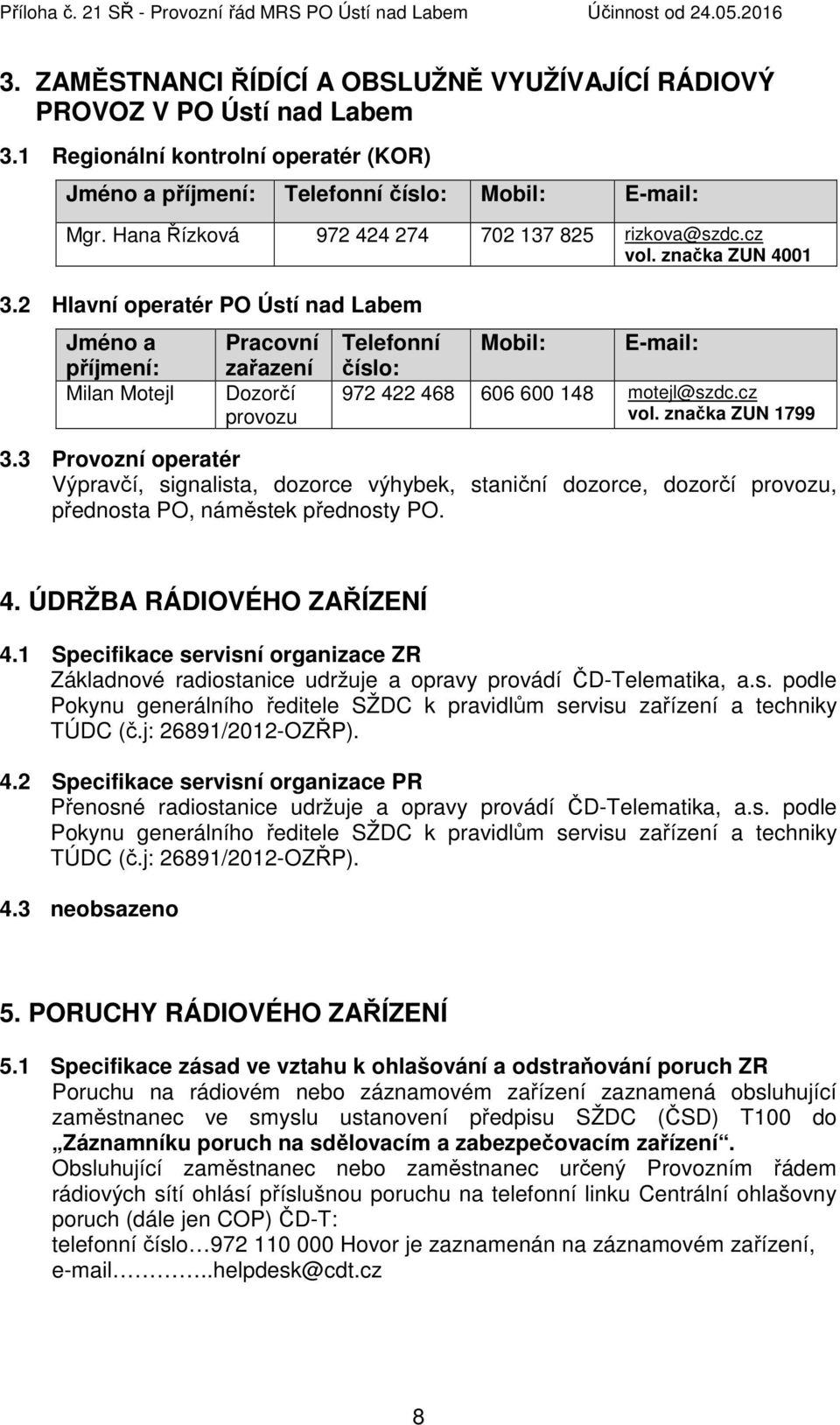 2 Hlavní operatér PO Ústí nad Labem Jméno a příjmení: Milan Motejl Pracovní zařazení Dozorčí provozu Telefonní číslo: Mobil: E-mail: 972 422 468 606 600 148 motejl@szdc.cz vol. značka ZUN 1799 3.