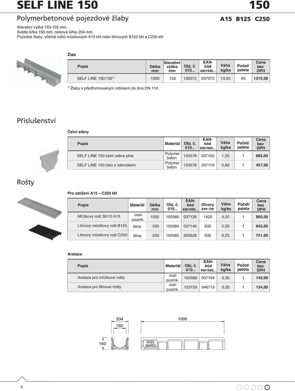 .. SELF LINE 150/150 1) 1000 150 150570 037072 13,50 40 1315,00 1) Žlaby s předformovaným odtokem do dna DN 110. Příslušenství Čelní stěny Materiál č. 010.
