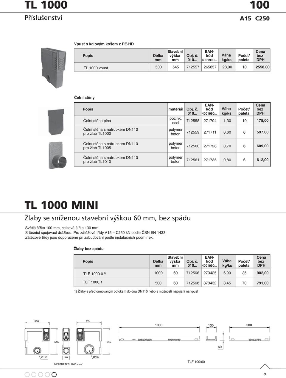 pro žlab TL1010 polymer beton polymer beton 712560 271728 0,70 6 609,00 712561 271735 0,80 6 612,00 TL 1000 MINI TL1000 MINI Žlaby se sníženou stavební výškou 60, spádu.
