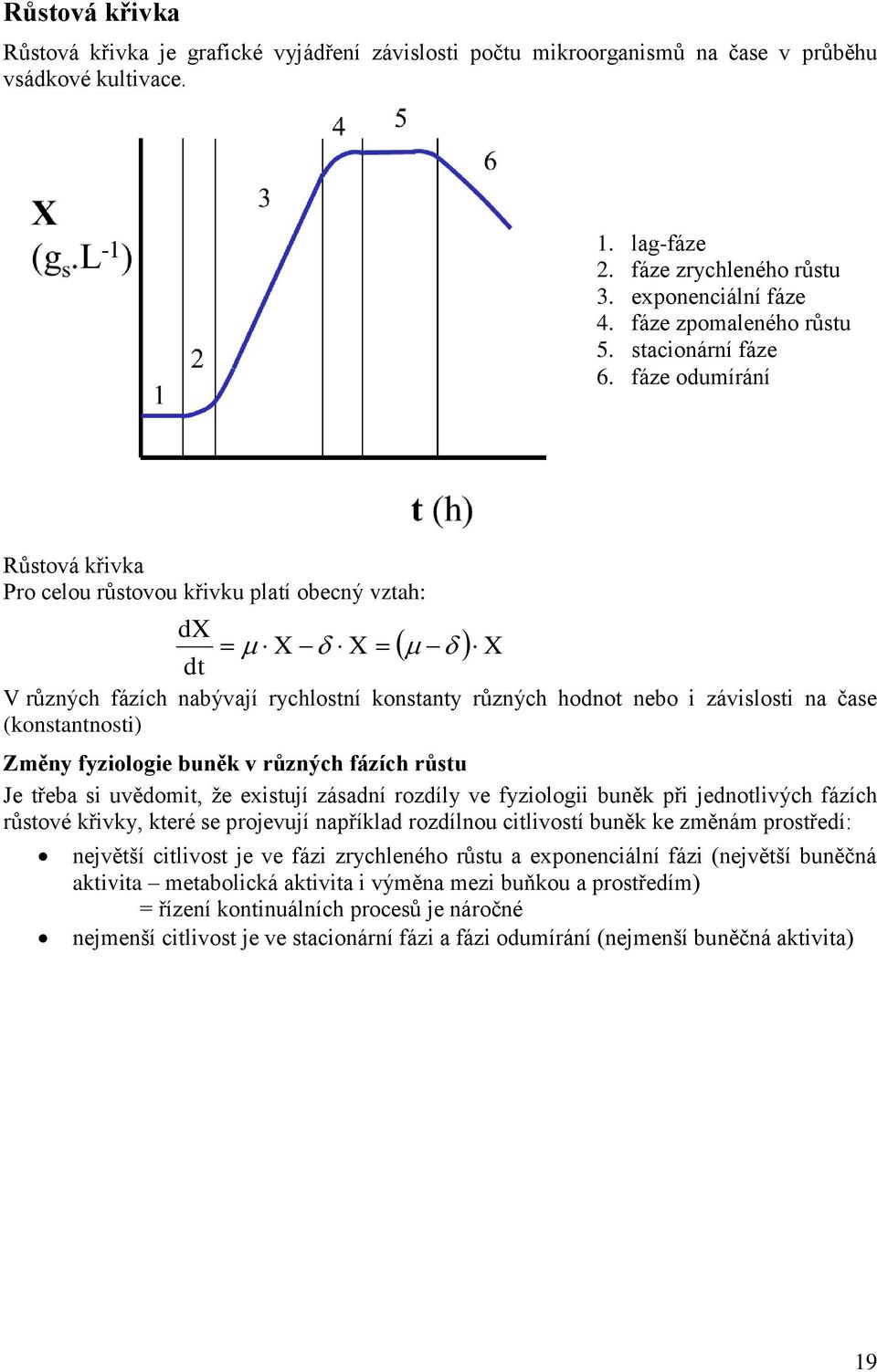 fáze odumírání Růstová křivka Pro celou růstovou křivku platí obecný vztah: dx X X X V různých fázích nabývají rychlostní konstanty různých hodnot nebo i závislosti na čase (konstantnosti) Změny