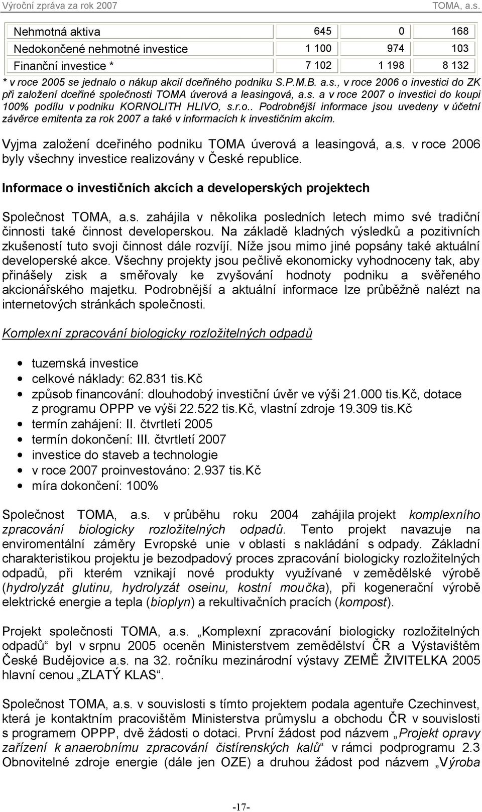 Vyjma založení dceřiného podniku TOMA úverová a leasingová, a.s. v roce 2006 byly všechny investice realizovány v České republice.