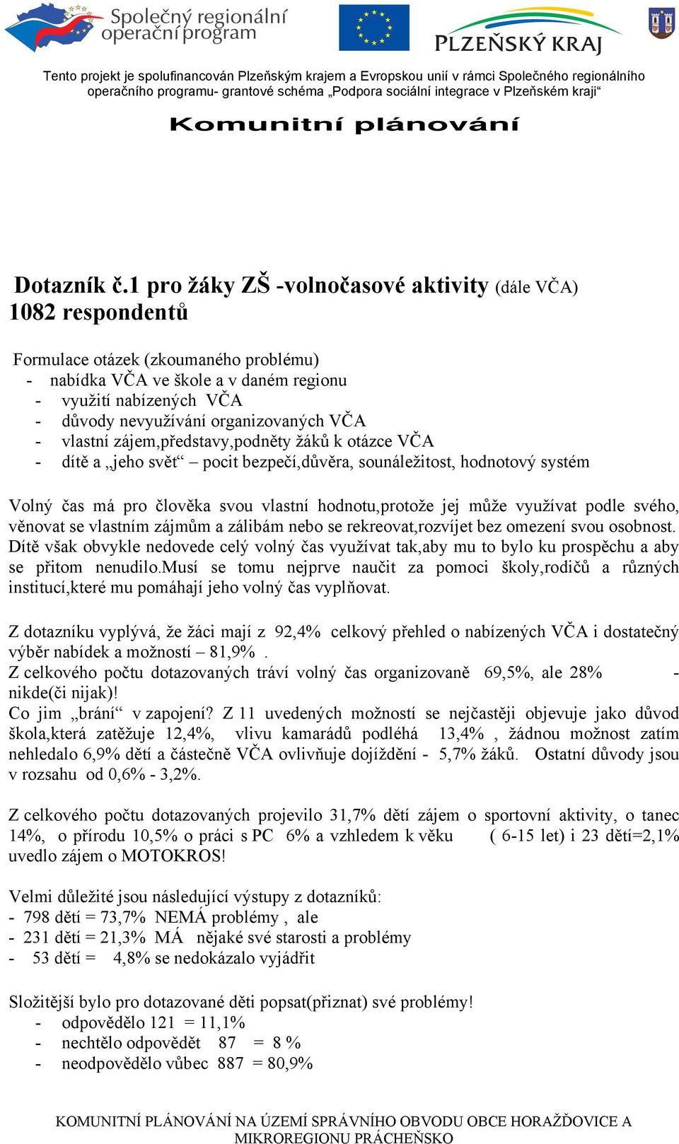 organizovaných VČA - vlastní zájem,představy,podněty žáků k otázce VČA - dítě a jeho svět pocit bezpečí,důvěra, sounáležitost, hodnotový systém Volný čas má pro člověka svou vlastní hodnotu,protože