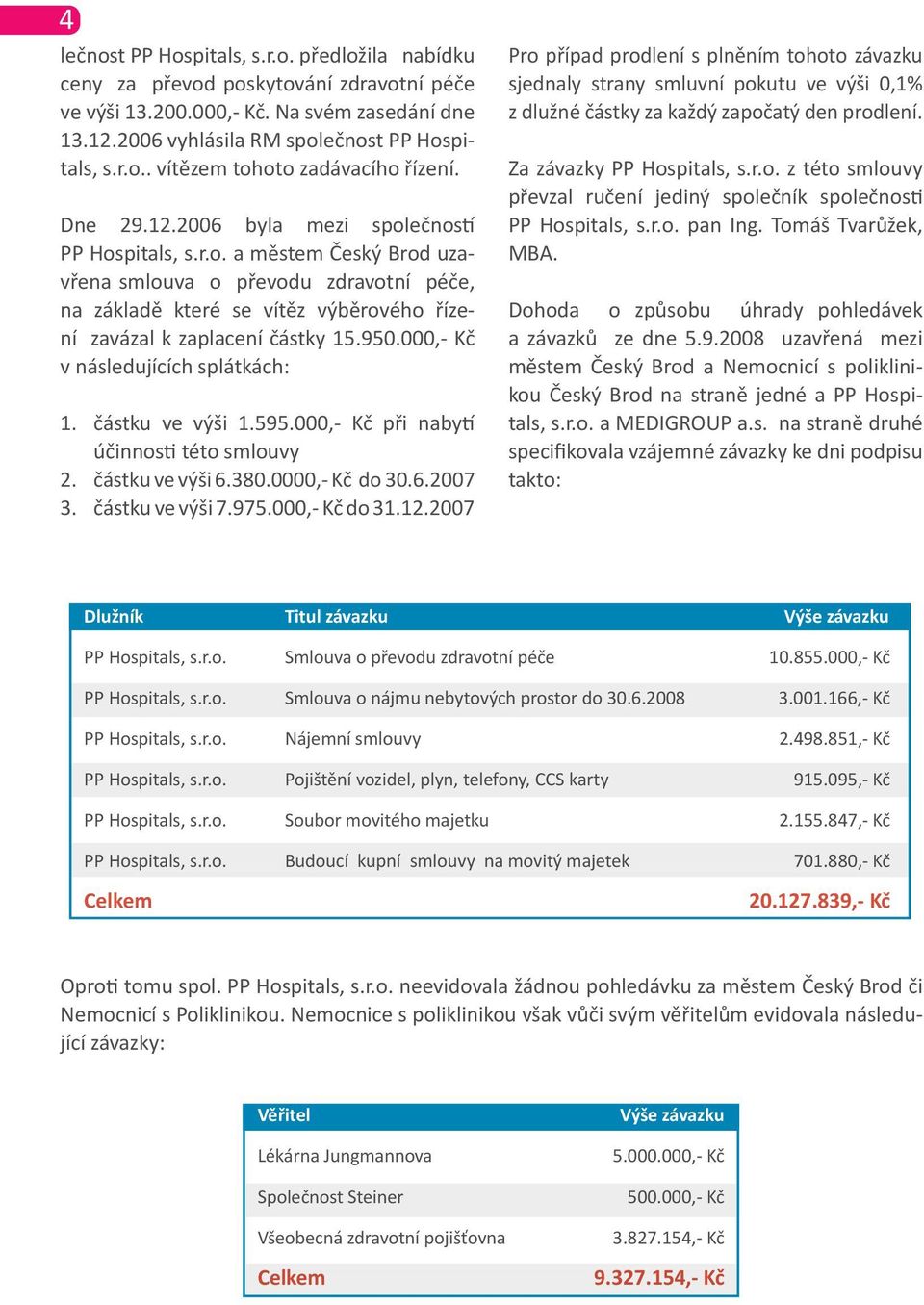 000,- Kč v následujících splátkách: 1. částku ve výši 1.595.000,- Kč při nabytí účinnosti této smlouvy 2. částku ve výši 6.380.0000,- Kč do 30.6.2007 3. částku ve výši 7.975.000,- Kč do 31.12.