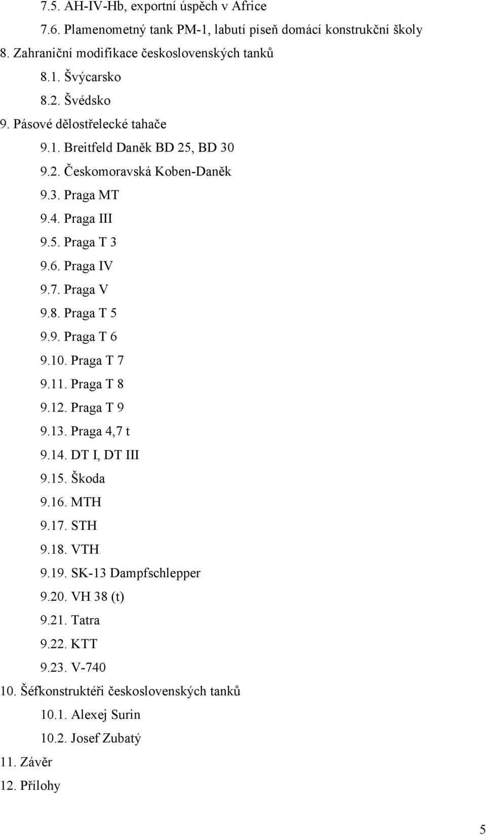 Praga V 9.8. Praga T 5 9.9. Praga T 6 9.10. Praga T 7 9.11. Praga T 8 9.12. Praga T 9 9.13. Praga 4,7 t 9.14. DT I, DT III 9.15. Škoda 9.16. MTH 9.17. STH 9.18. VTH 9.19.
