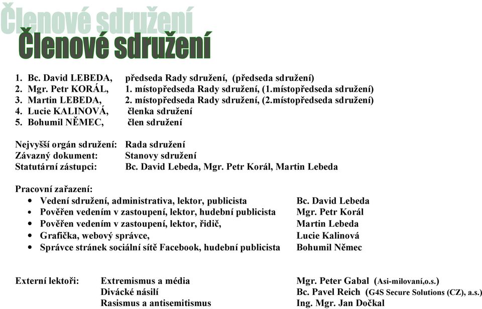 místopředseda sdružení) členka sdružení člen sdružení Nejvyšší orgán sdružení: Rada sdružení Závazný dokument: Stanovy sdružení Statutární zástupci: Bc. David Lebeda, Mgr.