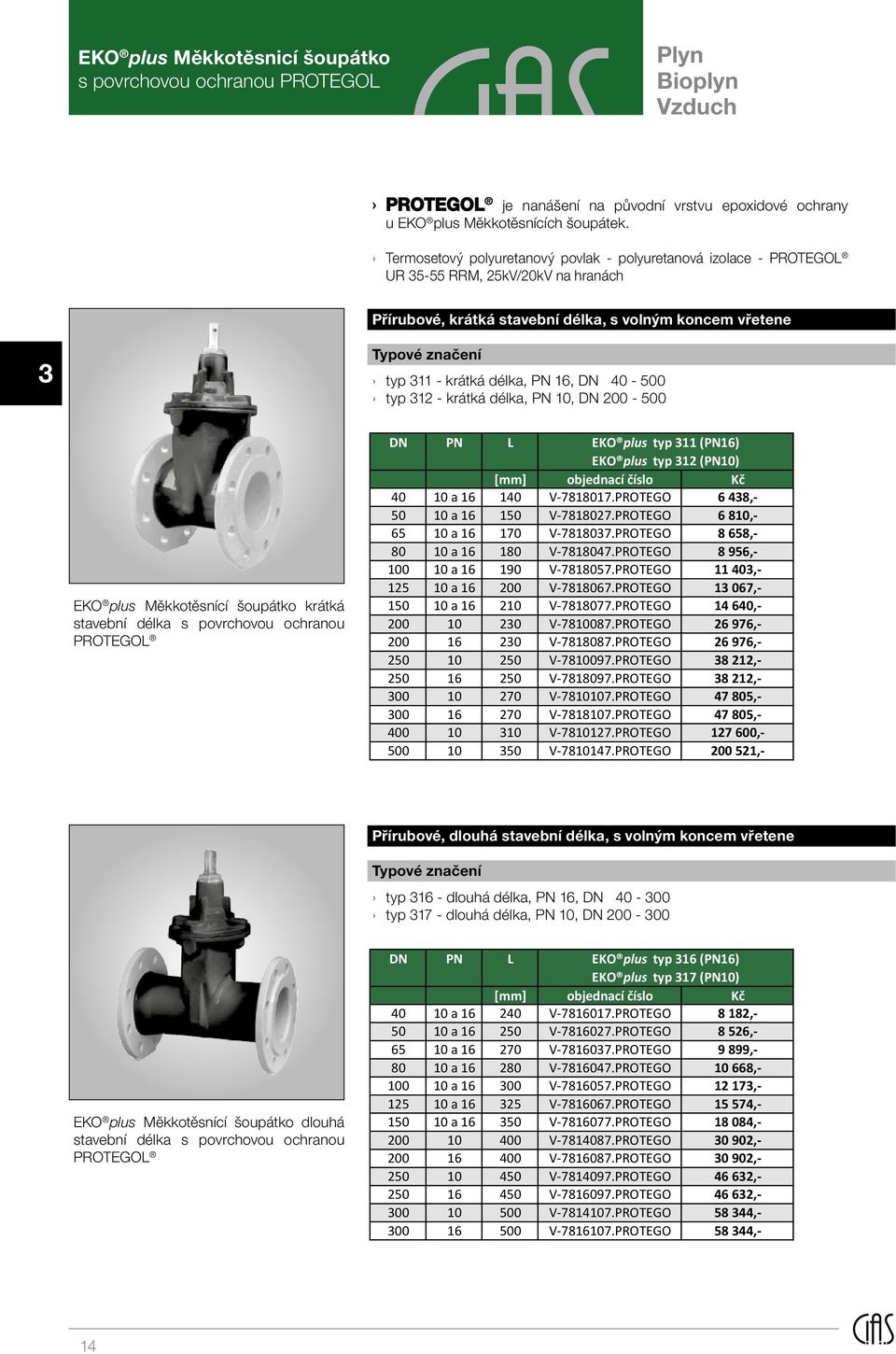 délka, PN 16, DN 40-500 typ 312 - krátká délka, PN 10, DN 200-500 EKO plus Měkkotěsnící šoupátko krátká stavební délka s povrchovou ochranou PROTEGOL DN PN L EKO plus typ 311 (PN16) EKO plus typ 312