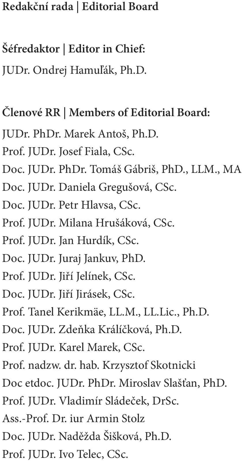 Prof. JUDr. Jiří Jelínek, CSc. Doc. JUDr. Jiří Jirásek, CSc. Prof. Tanel Kerikmäe, LL.M., LL.Lic., Ph.D. Doc. JUDr. Zdeňka Králíčková, Ph.D. Prof. JUDr. Karel Marek, CSc. Prof. nadzw. dr. hab.