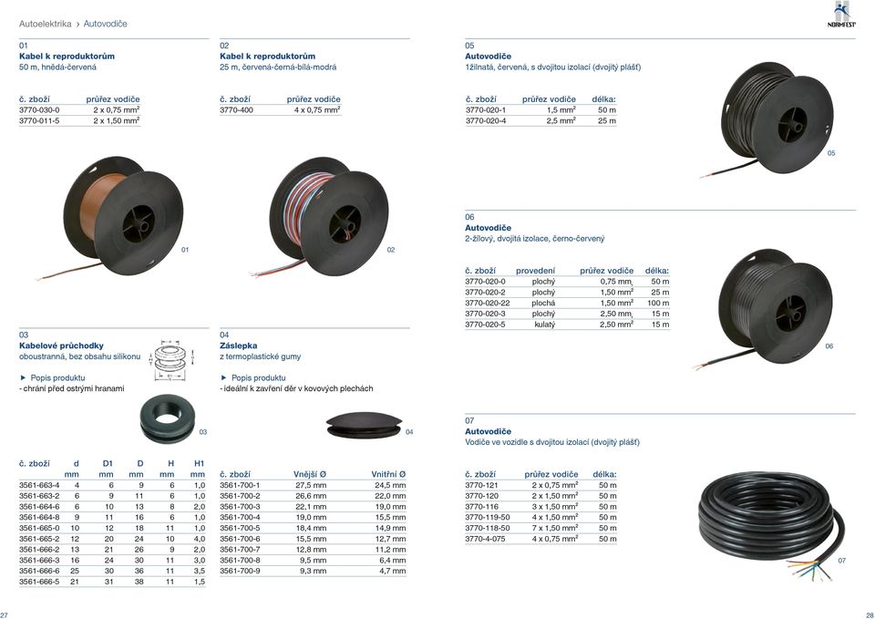 zboží průřez vodiče délka: 3770-0-1 1,5 mm² 50 m 3770-0-4 2,5 mm² 25 m 2-žílový, dvojitá izolace, černo-červený Kabelové průchodky oboustranná, bez obsahu silikonu Záslepka z termoplastické gumy č.