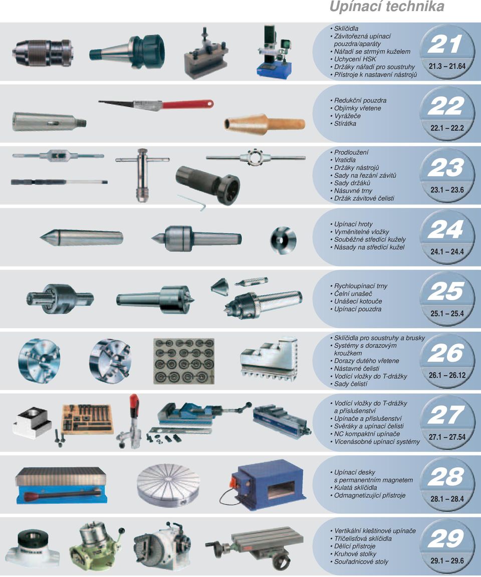 2 Prodloužení Vratidla Držáky nástrojů Sady na řezání závitů Sady držáků Násuvné trny Držák závitové čelisti Upínací hroty Vyměnitelné vložky Souběžné středící kužely Násady na středící kužel