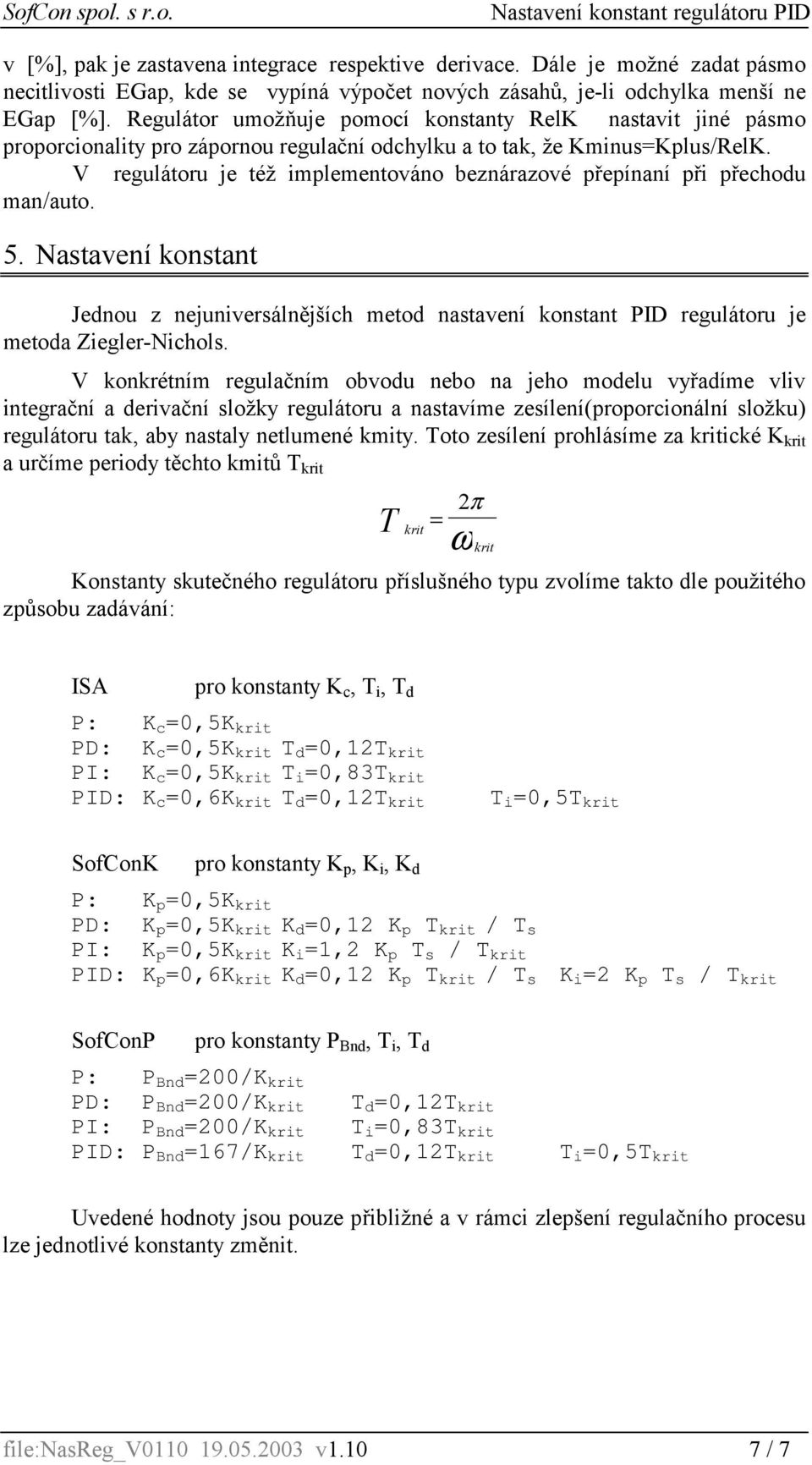 V regulátoru je též implementováno beznárazové přepínaní při přechodu man/auto. 5. Nastavení konstant Jednou z nejuniversálnějších metod nastavení konstant PID regulátoru je metoda Ziegler-Nichols.
