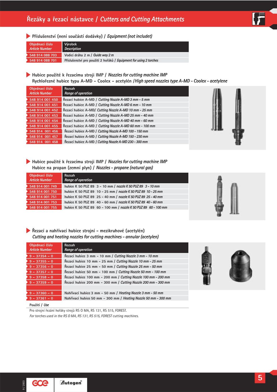 A-MD / Cutting Nozzle A-MD 3 mm - mm 48 914 001 41 Řezací hubice A-MD / Cutting Nozzle A-MD 6 mm - 10 mm 48 914 001 42 Řezací hubice A-MD/ Cutting Nozzle A-MD 10 mm - 2 mm 48 914 001 43 Řezací hubice