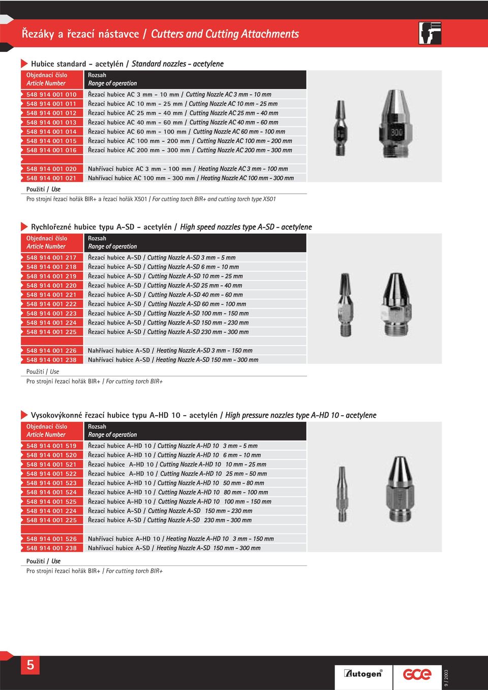 hubice AC 60 mm - 100 mm / Cutting Nozzle AC 60 mm - 100 mm 48 914 001 01 Řezací hubice AC 100 mm - 200 mm / Cutting Nozzle AC 100 mm - 200 mm 48 914 001 016 Řezací hubice AC 200 mm - 300 mm /