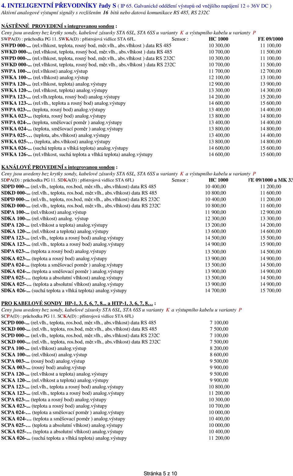 Ceny jsou uvedeny bez krytky sondy, kabelové zásuvky STA 6SL, STA 6SS u varianty K a výstupního kabelu u varianty P SWPA(D) : průchodka PG 11. SWKA(D) : přístrojová vidlice STA 6FL.