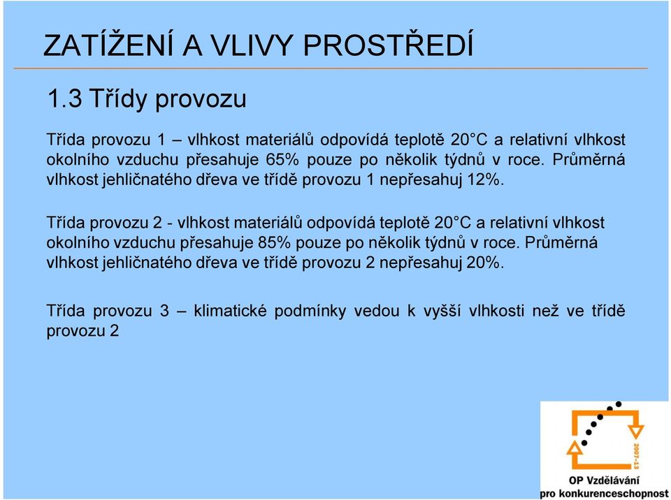 několik týdnů v roce. Průměrná vlhkost jehličnatého dřeva ve třídě provozu 1 nepřesahuj 12%.