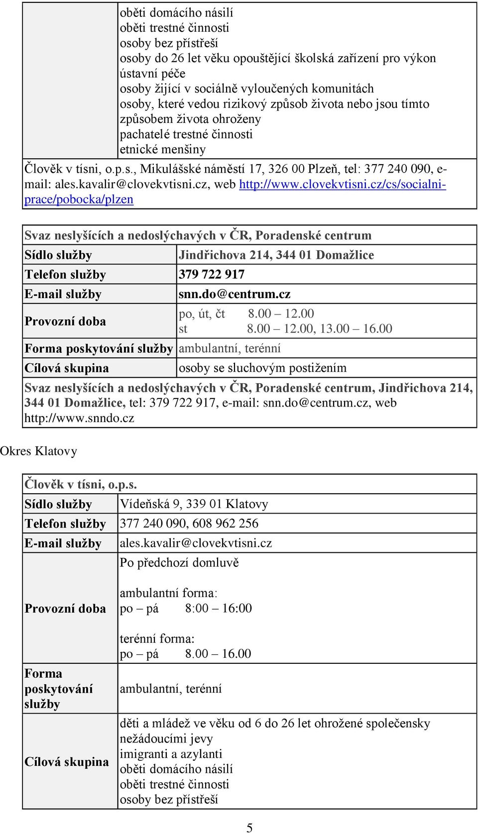 kavalir@clovekvtisni.cz, web http://www.clovekvtisni.cz/cs/socialniprace/pobocka/plzen Svaz neslyšících a nedoslýchavých v ČR, Poradenské centrum Telefon 379 722 917 Jindřichova 214, 344 01 Domažlice snn.