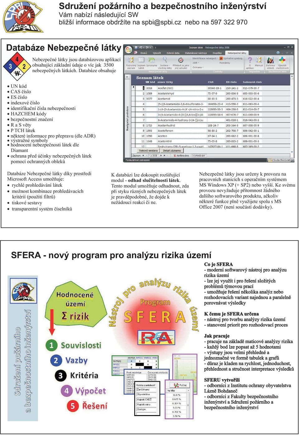 Databáze obsahuje UN kód CAS číslo ES číslo indexové číslo identifikační čísla nebezpečnosti HAZCHEM kódy bezpečnostní značení RaSvěty P TCH látek některé informace pro přepravu (dle ADR) výstražné