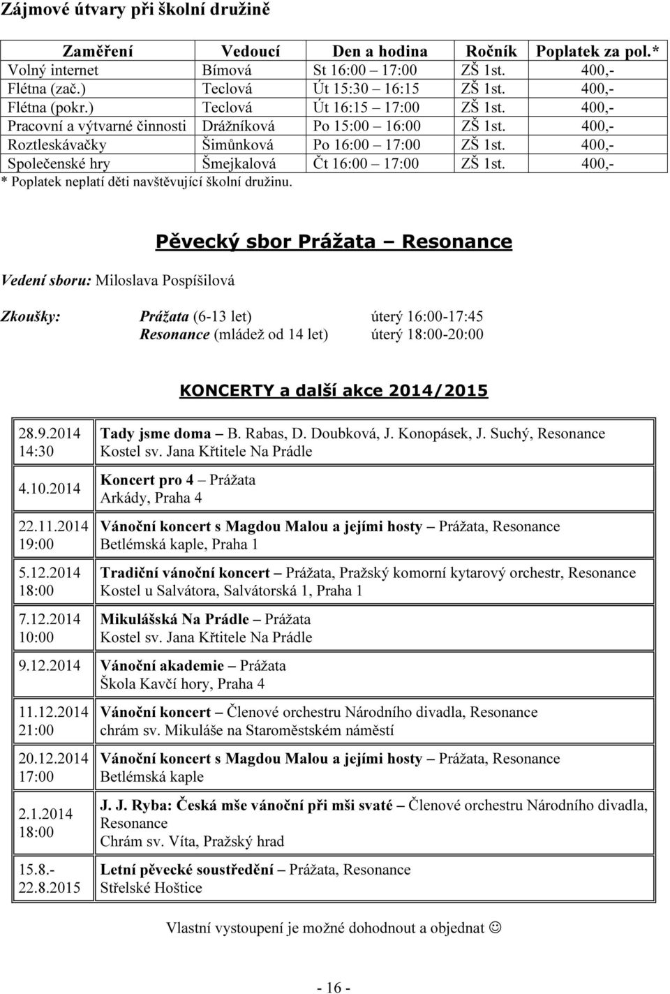 400,- Společenské hry Šmejkalová Čt 16:00 17:00 ZŠ 1st. 400,- * Poplatek neplatí děti navštěvující školní družinu.