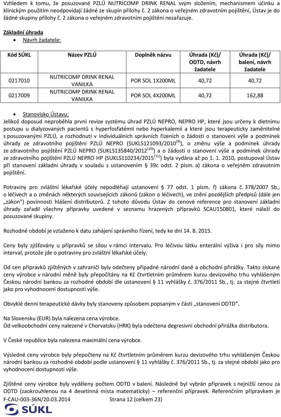 Základní úhrada Návrh žadatele: Kód SÚKL Název PZLÚ Doplněk názvu Úhrada (Kč)/ ODTD, návrh žadatele 0217010 NUTRICOMP DRINK RENAL VANILKA 0217009 NUTRICOMP DRINK RENAL VANILKA Úhrada (Kč)/ balení,