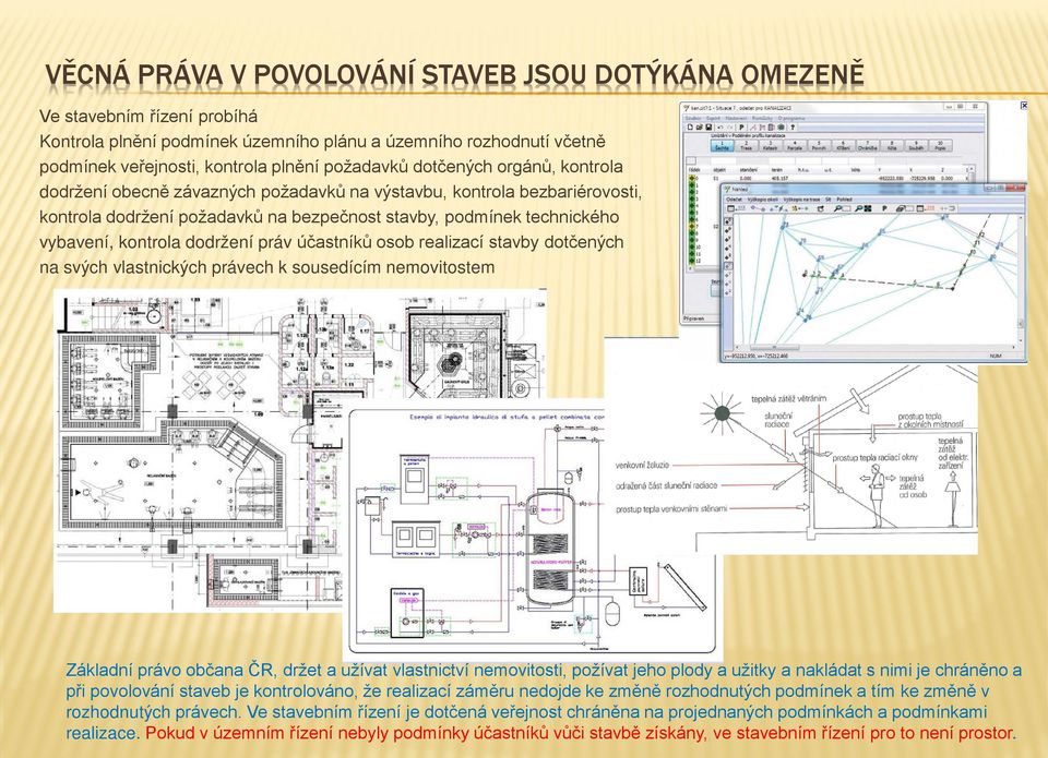 dodržení práv účastníků osob realizací stavby dotčených na svých vlastnických právech k sousedícím nemovitostem Základní právo občana ČR, držet a užívat vlastnictví nemovitosti, požívat jeho plody a