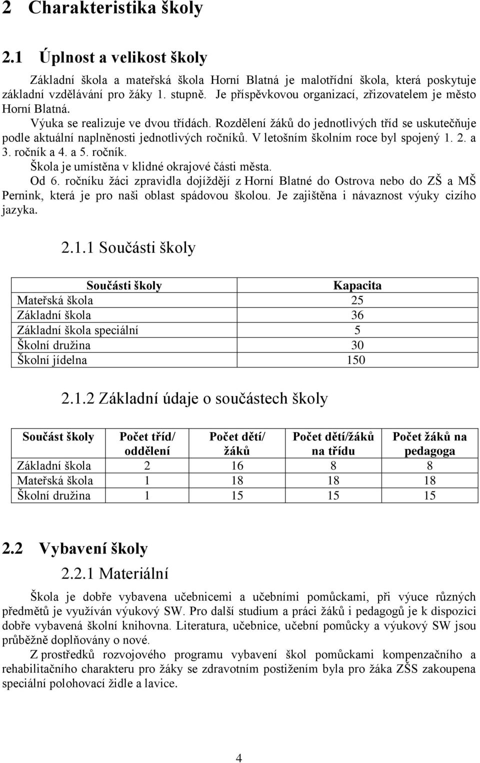 V letošním školním roce byl spojený 1. 2. a 3. ročník a 4. a 5. ročník. Škola je umístěna v klidné okrajové části města. Od 6.