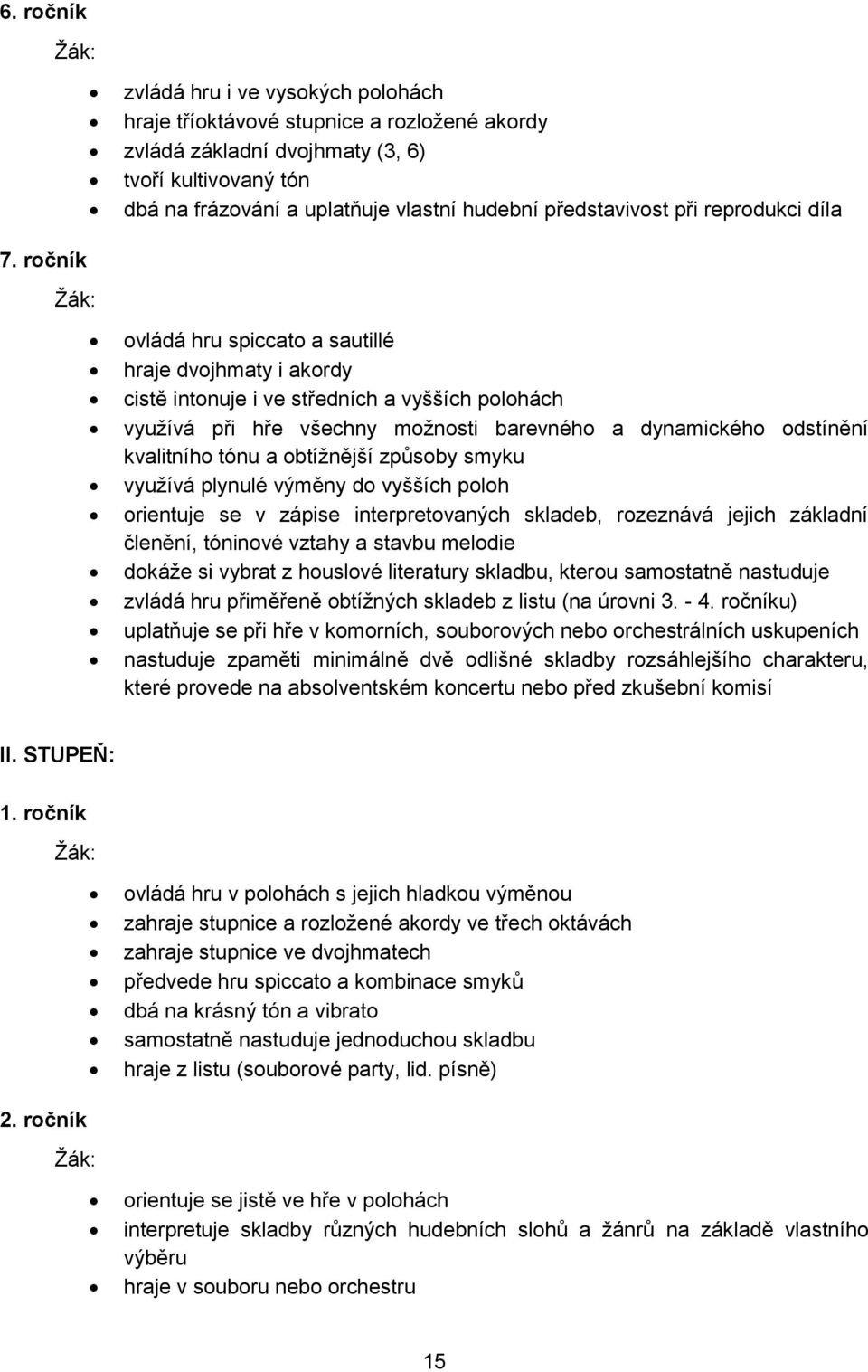 ročník ovládá hru spiccato a sautillé hraje dvojhmaty i akordy cistě intonuje i ve středních a vyšších polohách využívá při hře všechny možnosti barevného a dynamického odstínění kvalitního tónu a